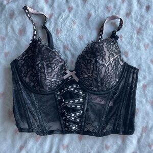 Victorias Secret Black Lace Corset Top with Pink Details
